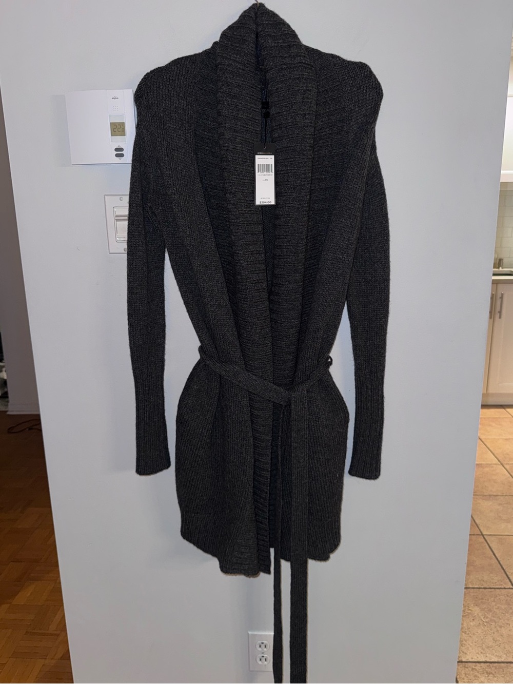 BCBGMaxAzria Dark Charcoal Shawl Collar Belted Cardigan